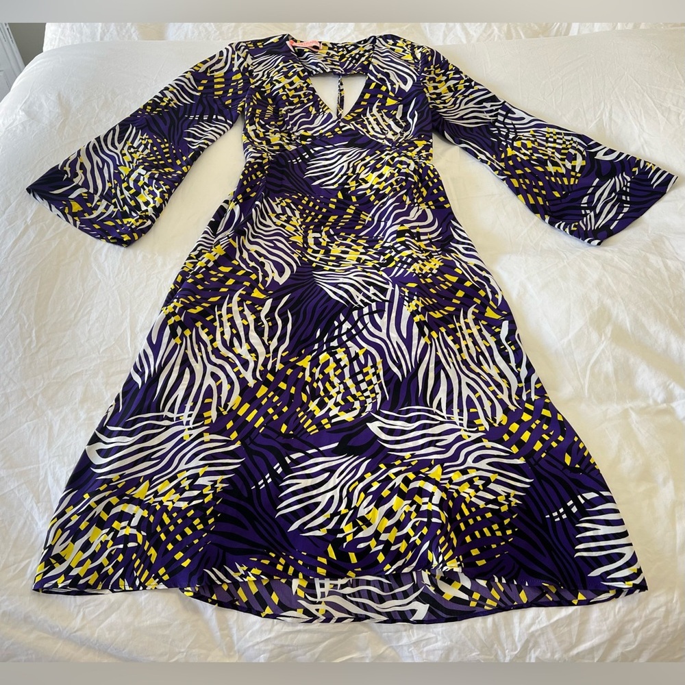 Smarteez | Women’s XS |Purple V-Neck Long Sleeve Flowy Dress | Silk Resort Wear